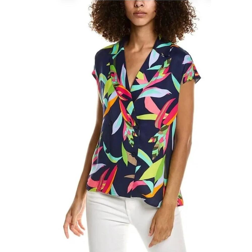 Trina Turk Womens XL Birds Of Paradise Comfort Shirt Navy Tropical Blouse Top